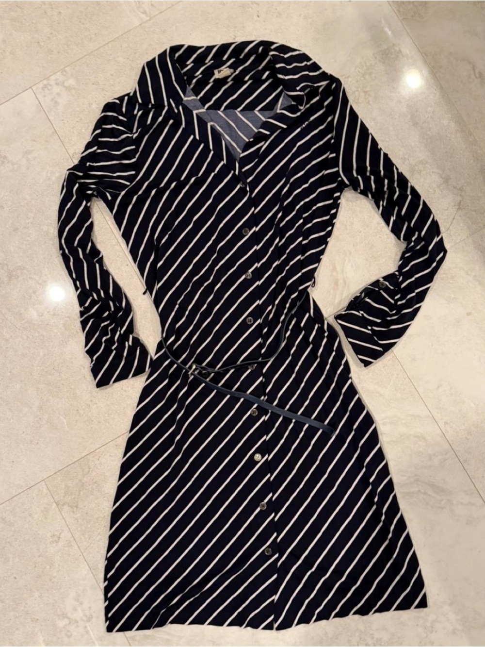 Anne Klein Navy and White Diagonal Stripe Shirt Dress - Picture 2 of 3